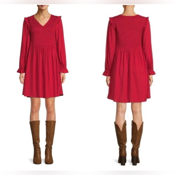 beachlunchlounge Dresses & Skirts - Beach Lunch Lounge Long Sleeve Smocked Babydoll Red A-line Dress V-neck Boho XXL